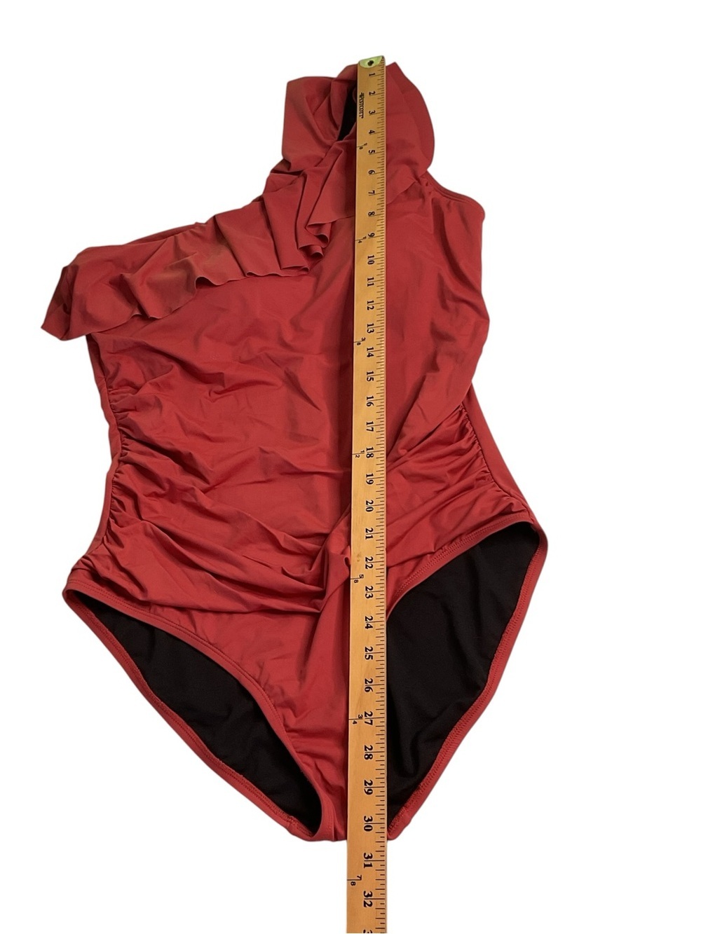 Asymmetric Ruffle One-Shoulder Swimsuit in Rust - Picture 5 of 7